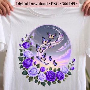 May include: White t-shirt featuring a circular design with purple roses and butterflies. The butterflies have yellow and purple wings, set against a sky background. The text "Digital Download • PNG • 300 DPI •" is at the top.