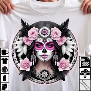 Tag der Toten Zuckerschädel Frau PNG Design | Floral Dia de los Muertos Digital Art, Floral Schädel Grafik Digitaler Download