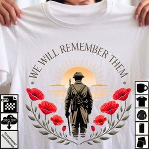 We Will Remember Them PNG – Remembrance Day Soldier Clipart – ANZAC Memorial Poppy Design – Veterans Day Digital Download