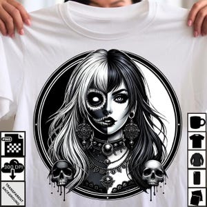 Tag der Toten Dualität | Gothic Black & White weiblicher Schädel Kunst | Digitaler Download | Dia de los Muertos druckbare Dekoration