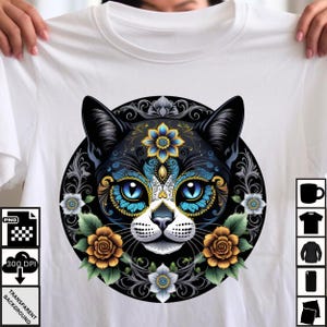 Sugar Skull Cat PNG, le jour des morts instantané kitty en téléchargement numérique, téléchargement numérique PNG imprimable art mural chat, art floral chat mignon,