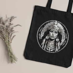 May include: Black tote bag with a white graphic of a Native American woman wearing a headdress and jewelry.