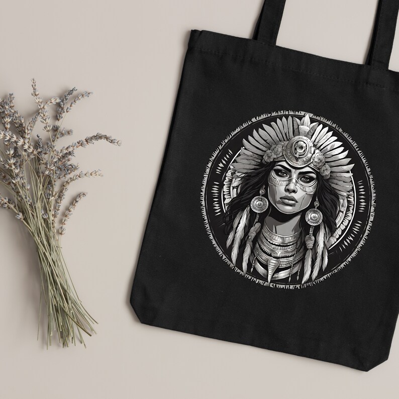 May include: Black tote bag with a white graphic of a Native American woman wearing a headdress and jewelry.