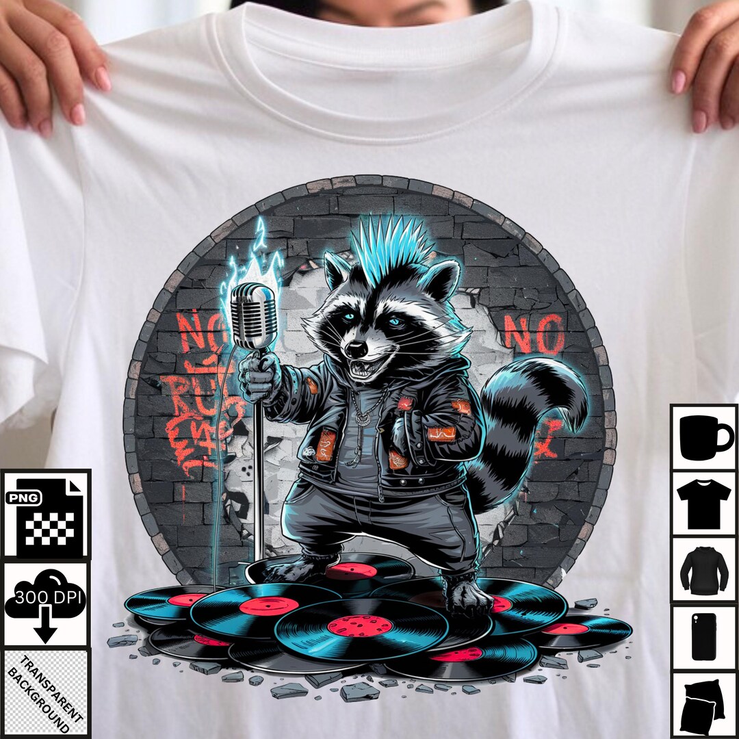 Punk Rock Raccoon PNG: Vinyl Records, Flaming Mic (sublimation Design ...