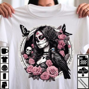 Gothic Tag der Toten PNG, Sugar Skull Woman Crow und Rosen, Dark Romance Sublimation Design, Pink und Schwarz Skull Art, digitaler Download