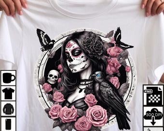 Sugar Skull Woman PNG, Gothic Day of the Dead, Roses and Crow (Digital Download)