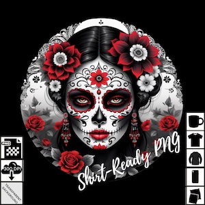 La Catrina PNG | Zuckerschädel-Mädchen-T-Shirt Design | Gothic Tag der Toten Clipart | Rote Rosen Skelett Sublimation PNG Download
