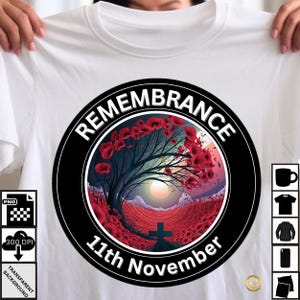 Conmemoración del 11 de noviembre PNG / Descarga digital de homenaje militar / No olvidemos el diseño de campo de amapolas para camisetas, tazas y arte mural