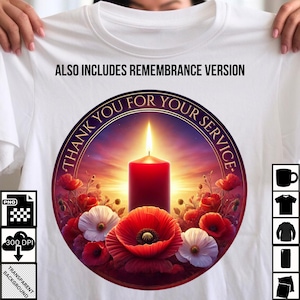 Paquete PNG de homenaje militar: diseños de "Gracias por su servicio" y "Recuerdo". Clipart de vela de amapola roja: ANZAC, Día de los Caídos y Día de los Veteranos.
