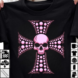 Cruz de calavera rosa PNG / Sublimación de calavera gótica / Arte digital punk rock / Clipart de cruz atrevida / Descarga digital para camisetas y tazas