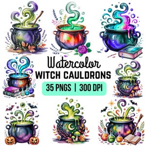 May include: Watercolor illustrations of witch cauldrons with colorful bubbling potions and decorative elements. The image includes the text "Watercolor Witch Cauldrons 35 PNGS | 300 DPI". The cauldrons are in various colors, with steam and magical effects.