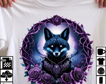 Gothic Blue Fox PNG: Purple Roses, Mystical Design (Digital Download)