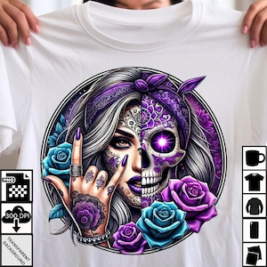 La Catrina Rocker Girl PNG - Gothic Skull Frau Tattoo Design für DTF & Sublimation - Day of the Dead Clipart| Schädel weibliches Grunge Design