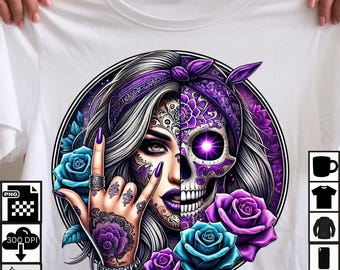 La Catrina Rocker Girl PNG: Gothic Skull Tattoo Design (Digital Download)