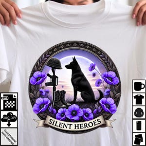 veterans day, Silent Heroes PNG - Militärhund-Tribut mit lila Mohnblumen und Schlachtfeldkreuz - Gedenktag, ANZAC, Gedenk Clipart