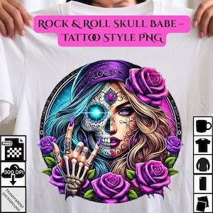 Tag des Toten Rocker Mädchen PNG, Halber Schädel Sugar Skull Frau mit Rosen, Rock Handzeichen PNG, Gothic Skull Art für Sublimation, Tattoo Stil