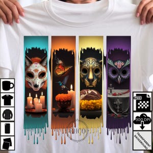 Tag des Toten Pinselstrich PNG - Zuckerschädel Fuchs, Monarchfalter, Gold Jaguar Maske, Eulen Altar - Sublimationsdesign