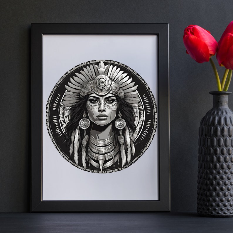 May include: Black and white illustration of a Native American woman wearing a headdress with feathers. She has a serious expression and is wearing jewelry. The illustration is in a circle with a black background.
