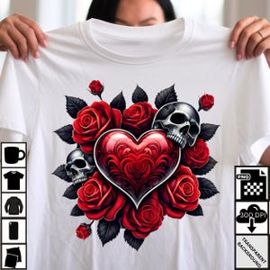 Gothic Skull and Red Roses Heart Design - Digital Download PNG for T-Shirts, Mugs, and DIY Crafts- Dark Fantasy Valentine Digital Download