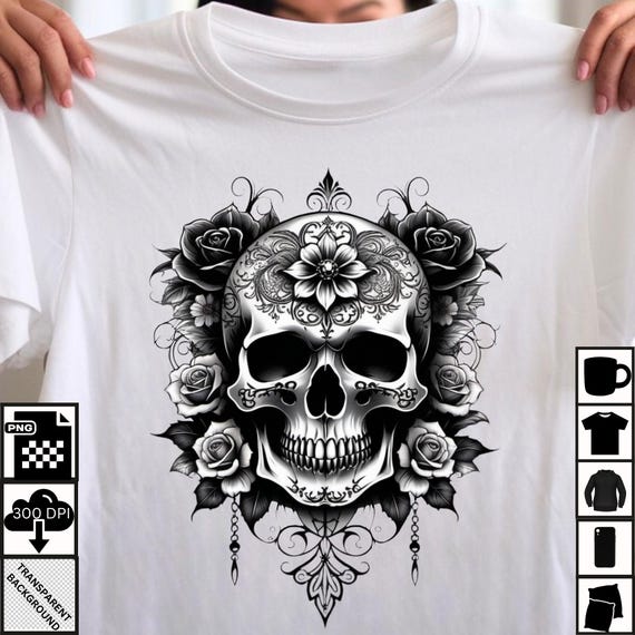 Gothic Skull PNG: Black Roses Tattoo Design (Digital Download