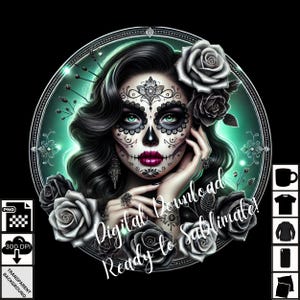 Gothic Sugar Skull Woman PNG | Day of the Dead Sublimation | Dia de los Muertos Digital Download Pistachio color-