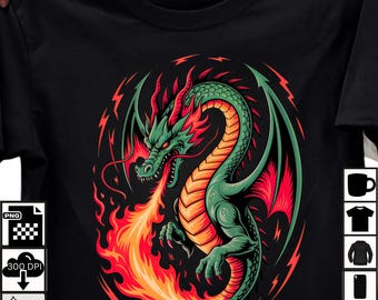 Puede incluir: Camiseta negra con un diseño de dragón verde que escupe fuego. El dragón tiene detalles rojos y está rodeado de rayos rojos. Las llamas son naranjas y amarillas.