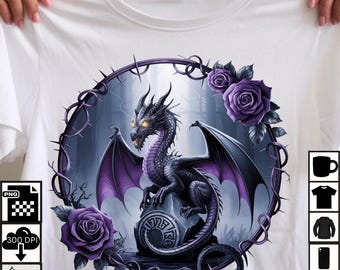 Gothic Purple Dragon PNG: Roses & Barbed Wire Clipart (Digital Download)