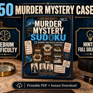 Puede incluir: Un libro de acertijos Murder Mystery Sudoku titulado 50 Murder Mystery Cases Vol. 1, con una cubierta azul oscuro que muestra una ilustración de una mansión, una cuadrícula de lógica, retratos de sospechosos y texto como Medium Difficulty y Hints + Full Solutions.