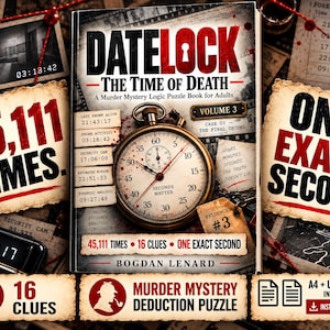 Pode incluir: Um livro intitulado DATELOCK The Time of Death Volume 3 de Bogdan Lenard, com um cronómetro dourado na capa. O texto inclui 45,111 TIMES, ONE EXACT SECOND, 16 CLUES e A4 + US LETTER INCLUDED. O design incorpora elementos de relatórios forenses.