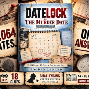 Pode incluir: Um livro de quebra-cabeças lógicos de mistério de assassinato intitulado DATELOCK The Murder Date Volume 2 Case 02 The Calendar Alibi de Bogdan Lenard. A capa apresenta uma página de calendário para abril de 20XX, um relógio de bolso, um lápis vermelho.