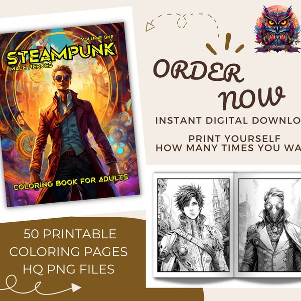 50 Coloring Pages Steampunk Male Heroes Volume One Adult Coloring Book | Printable PNG PDF Digital Download