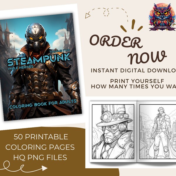 50 Coloring Pages Steampunk Male Heroes Volume Two Adult Coloring Book | Printable PNG PDF Digital Download