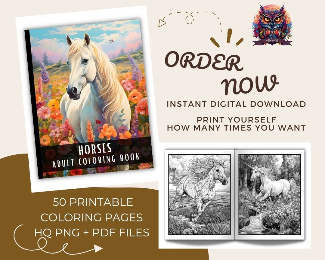 50 Coloring Pages of Horses Adult Coloring Book Printable PNG PDF ...