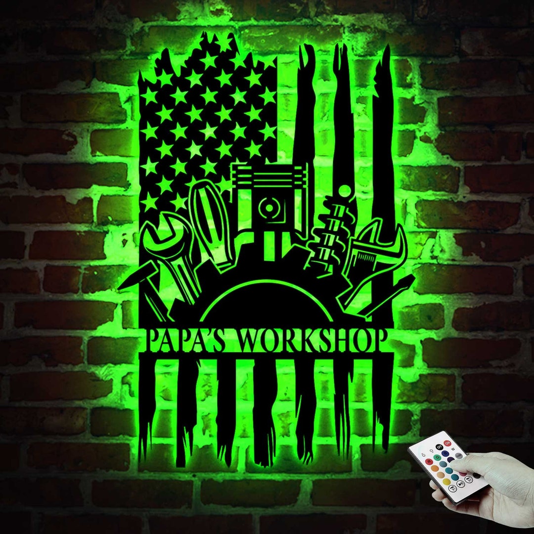 Custom Garage Metal Wall Art LED Light Personalized Workshop Name Sign ...
