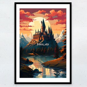 May include: A digital illustration of Hogwarts castle, a fictional school of witchcraft and wizardry, set against a dramatic sunset sky with a full moon. The castle is perched on a rocky cliff overlooking a lake. The text "POUDLARD" is written below the castle.