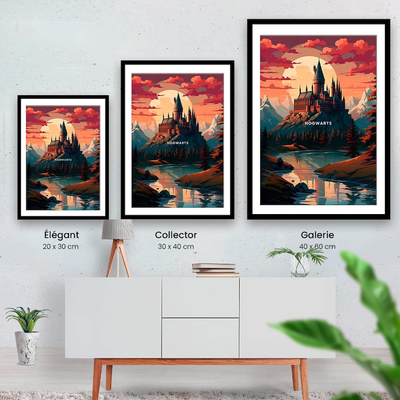 May include: A framed print of a digital painting depicting Hogwarts castle in a landscape setting. The castle is illuminated by a large, full moon in a red and orange sky. The text "HOGWARTS" is visible on the castle.