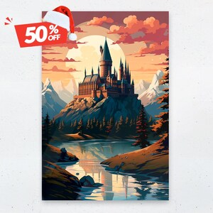May include: A digital painting of a large, stone castle with many towers and windows, set against a backdrop of mountains and a lake. The castle is lit by a large, full moon, and the sky is a vibrant orange and pink.