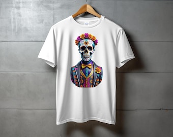 May include: White t-shirt with a colorful skull wearing a bow tie and a floral patterned suit. The skull has a flower crown and is decorated with colorful designs.