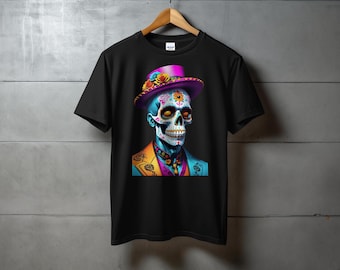 May include: Black t-shirt with a colorful skull wearing a pink and purple hat with flowers. The skull has blue and white face paint and is wearing a suit.