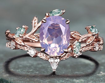 Vintage Oval geschnittene Lavendel Amethyst Verlobungsring Set, Cluster Natur inspiriert Braut Set, Blatt Versprechen Ring Set, Marquise Moos Achat Ring