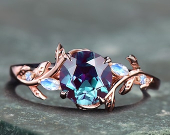 Round Color-Change Alexandrite Wedding Ring Leaf Bridal Ring, Nature Inspired Moonstone Ring, Blue Gemstone Engagement Ring, June Birthstone