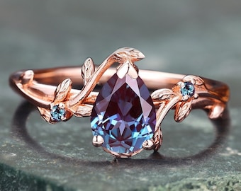 Pear Alexandrite Engagement Ring, Nature Inspired Leaf Rings, 14k Rose Gold Leaf Wedding Ring, Vintage Alexandrite Promise Rings For Women