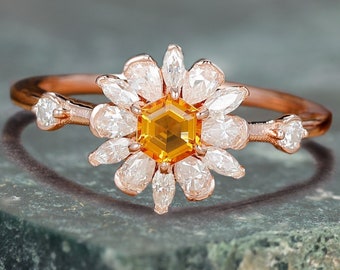 Victoria Natural Citrine Ring, Floral 14K Rose Gold Vermeil Yellow Gemstone Engagement Promise Ring, November Birthstone Anniversary Gift