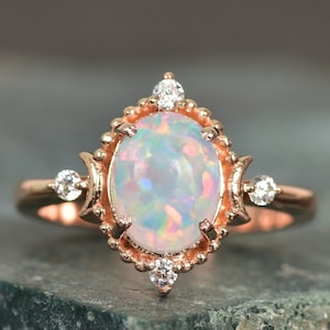 Oval Cut Opal Verlobungsring, Einzigartige Opal Rose Gold Mond Ring, Vintage Opal Ehering, himmlisches Versprechen Brautring, Geschenk für Frauen