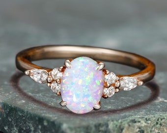 Natural Opal 14k Gold Ring: Oval October Birthstone