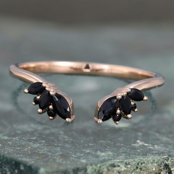 Rose Gold Open Ring, Vintage Unieke Marquise gesneden Zwarte Onyx Gebogen Trouwring Vrouwen Solid Gold Matching Bruidsbelofte Ring Cadeau voor vrouwen