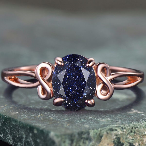 Bague de fiançailles ovale en grès bleu galaxie, bague de mariage torsadée à l'infini, bague de mariée saphir bleu noeud d'amour celtique, bague opale promesse