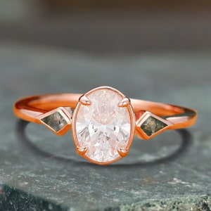 Oval Cut Moissanite Engagement Ring, Cluster Aquatic Agate Promise Ring, Solitaire Anniversary Ring, Custom Minimalist Ring Three Stone Ring