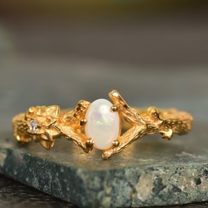 Opal Twig and Flower Ring, Dainty Oval Opal Engagement Ring, Handmade Opal Ring, Art Deco Nature Inspired Leaf Floral Wedding Ring,Leaf Ring
