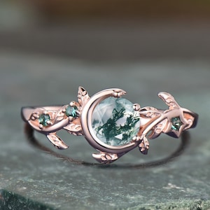 Nature Inspired Natural Moss Agate Ring, Moon Star Design Round Gemstone Ring, Branch Leaf Ruby Wedding Ring, Green Emerald Engagement Ring